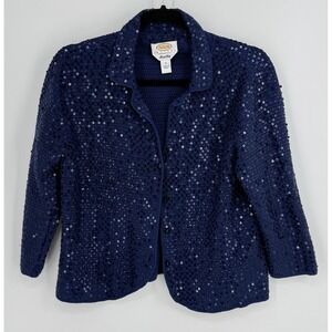 Talbots Petites Navy Blue‎ Silk Cotton Hand Knit Sequin Cardigan Sweater Small S